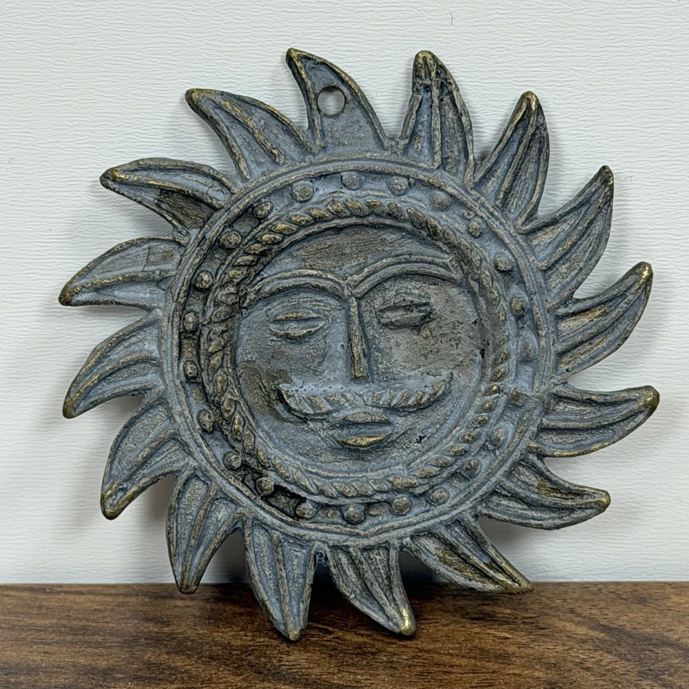 VTG Cast Bronze Sun Face Medallion Pendant *Flaw* Patina Celestial Metal Art